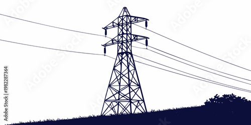 High voltage electrical transmission tower silhouette on grassy field with electricity transmission infrastructure industrial electrical landscape distribution technique