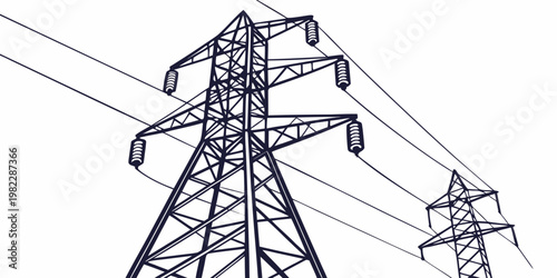 Multiple high voltage electricity pylons standing in line with electricity transmission infrastructure industrial electrical engineering landscape outdoors distribution