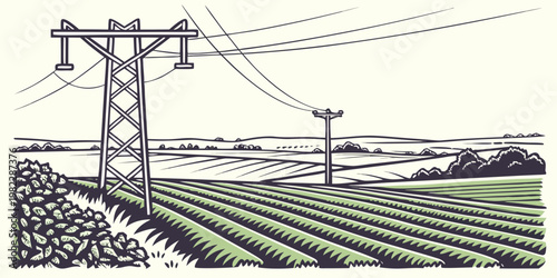 Illustration of electricity pylon and power lines in farmland with electricity transmission landscape infrastructure agriculture countryside environment industrial stylized