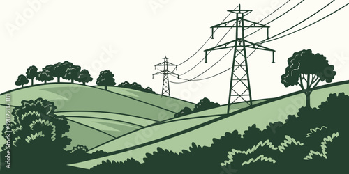 Vector artwork of electricity pylons over a scenic rolling landscape with electricity landscape transmission infrastructure electric illustration background environment