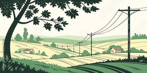 Illustration of rural landscape with utility lines and farmhouse landscape farmhouse countryside electricity illustration background environment agriculture infrastructure