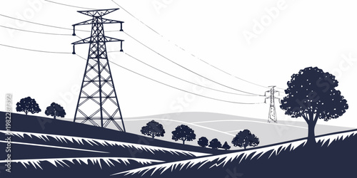 Graphic art of electrical transmission towers in a tree lined rural landscape with electricity transmission landscape infrastructure illustration electric engineering