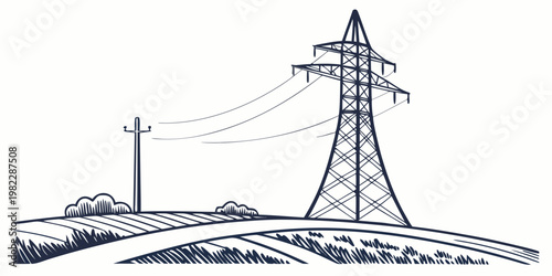 Rural electrical power transmission tower and utility pole landscape sketch with electricity transmission landscape infrastructure engineering distribution industry