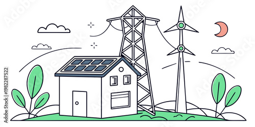 House with solar panels and electric power transmission tower electricity transmission renewable sustainability technology residential environment ecological infrastructur
