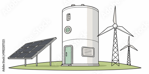 Illustration of sustainable power facility with solar panels and wind turbines sustainability renewable technology ecological environment industrial electricity facility