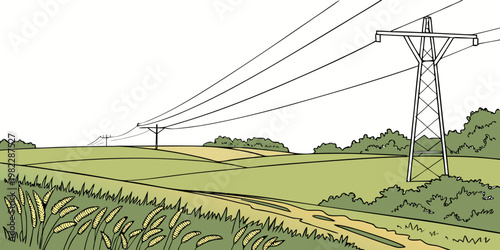 Electric power transmission pylon in wheat field landscape with electricity transmission landscape infrastructure environment industry engineering development industrial