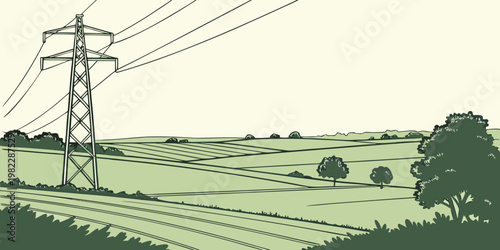 Landscape with high voltage electricity transmission pylon in countryside electricity transmission landscape countryside infrastructure environment industry engineering
