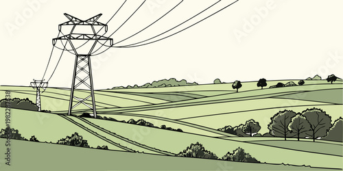 High voltage electricity pylon in scenic rural landscape with electricity transmission landscape countryside infrastructure environment industry engineering development