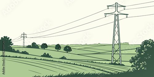 High voltage electrical transmission tower on a rural landscape with green fields and trees electricity transmission infrastructure landscape electrical industry utilities