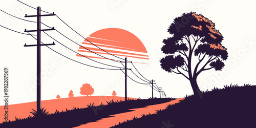 Stylized rural landscape illustration featuring electricity transmission lines and a large tree silhouette against a orange sunset backdrop electricity landscape transmission