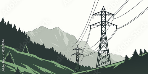Stylized graphic of high voltage transmission towers in a mountainous pine forest setting with transmission electricity mountain landscape electric infrastructure mountains