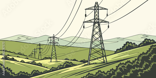 Illustration of high voltage power lines extending across a rural landscape with rolling green hills electricity transmission landscape infrastructure electric technology