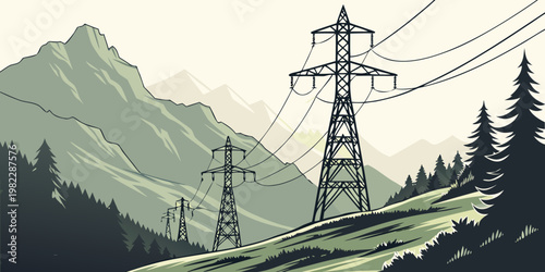 Graphic illustration of high voltage electric pylons running through a pine forest and mountainous terrain with electricity mountain landscape transmission electric mountains