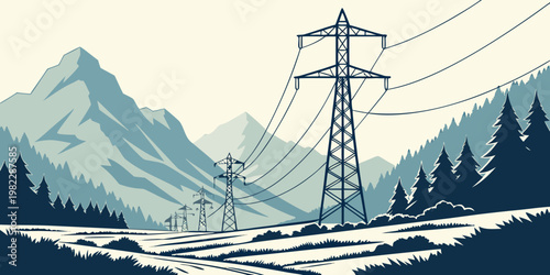 Vintage style illustration of electrical power towers crossing a snowy mountain valley landscape with electricity mountain landscape transmission electric infrastructure