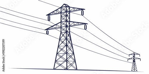 High voltage electrical transmission tower and power lines silhouette on white background with electricity transmission electrical infrastructure industrial distribution