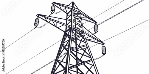 Close-up perspective graphic illustration of a high-voltage electric transmission tower structure with electricity transmission electrical infrastructure insulators industrial