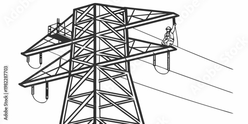 Line art illustration of a technician performing maintenance on a high-voltage transmission tower with maintenance technician electricity transmission infrastructure climbing