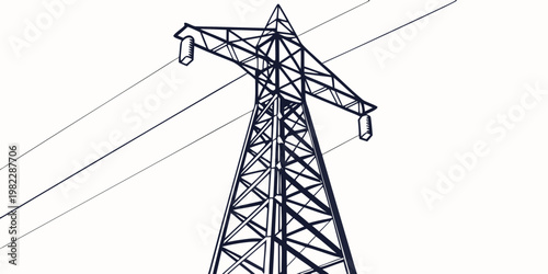 High voltage electrical power pylon silhouette isolated on white background with electricity electrical transmission infrastructure industrial electric technology structure