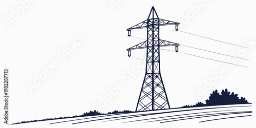 High voltage power pylon standing in landscape with trees and grass graphic electricity transmission landscape infrastructure electric industrial engineering distribution