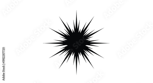 A stark black starburst shape dominates a white background radiating sharp pointed extensions high quality professional