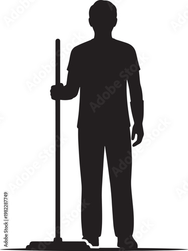 Male cleaner silhouette holding a mop isolated