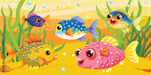Colorful cartoon fish swimming in ocean with seaweed and bubbles  vibrant underwater scene with various fish species and aquatic plants
