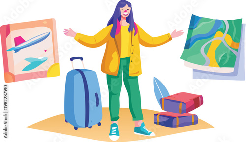 Woman with purple hair and yellow jacket standing with luggage and travel documents  excited female traveler with suitcases and map