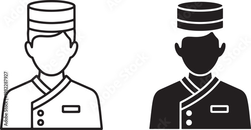 Minimalist bellboy and hotel concierge avatar icons in line and silhouette style