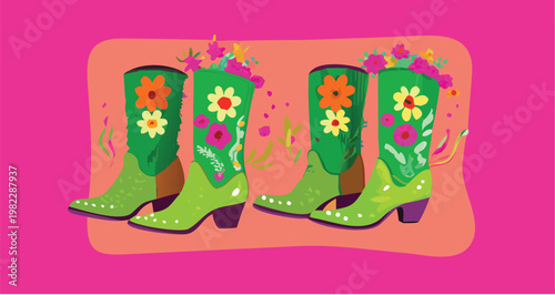 Vibrant green cowboy boots with colorful floral designs on pink background  fashion statement footwear with flower patterns  stylish western wear