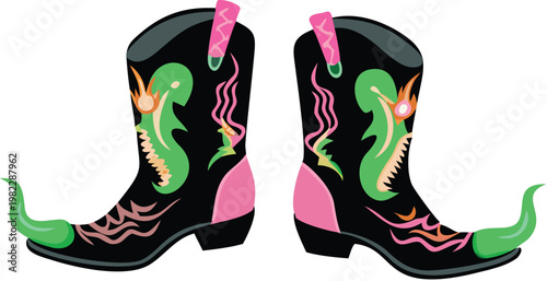 Cowboy boots with pink heels and green sea serpents on black background  boots with colorful sea serpents designs  pink and green boots
