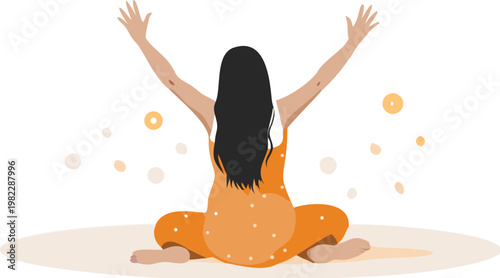 Woman sitting crosslegged with arms raised in orange polka dot outfit on beige floor with white background