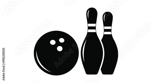 A simple black and white illustration depicts a bowling ball with two bowling pins high quality