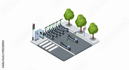 Isometric Illustration of an Electric Scooter Charging Station in a Smart City, Sustainable Urban Micro-mobility and Eco-friendly Transport Concept