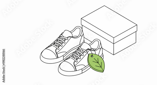 Eco-friendly Sustainable Sneakers with Shoebox and Green Leaf Tag. Isometric Line Art Illustration for Ethical Fashion and Recycling Concepts.