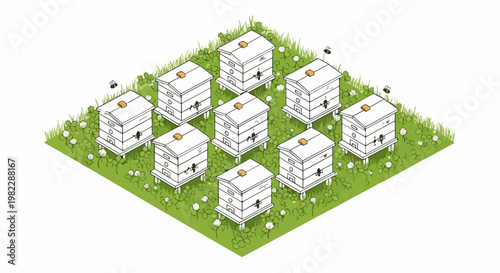Isometric Vector Illustration of an Apiary with White Beehives in a Green Clover Meadow, Sustainable Beekeeping and Honey Production Concept