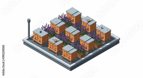 Isometric Rooftop Apiary with Wooden Beehives and Lavender Flowers for Urban Beekeeping and Sustainability