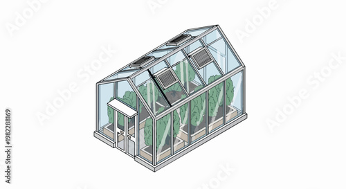 Isometric Glass Greenhouse Illustration with Plants and Roof Vents on White Background