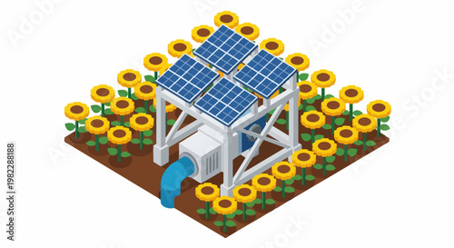 Isometric Agrivoltaics Illustration with Solar-Powered Water Pump System in a Sunflower Field for Sustainable Smart Farming and Green Renewable Energy Concepts