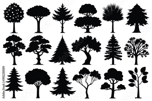 set different types of trees silhouette line art vector illustration with a white background