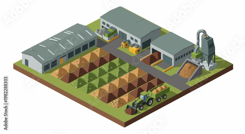 Isometric Industrial Composting Facility for Organic Waste Management and Bio-Fertilizer Production with Agricultural Machinery