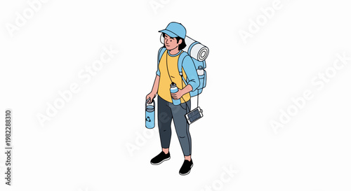 Isometric Female Backpacker with Hiking Gear and Solar Panel - Eco-Friendly Outdoor Adventure Illustration