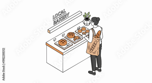 Isometric Illustration of a Woman Shopping at a Local Bakery Counter with Fresh Bread, Pastries, and Baguettes in a Tote Bag