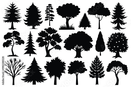 set different types of trees silhouette line art vector illustration with a white background