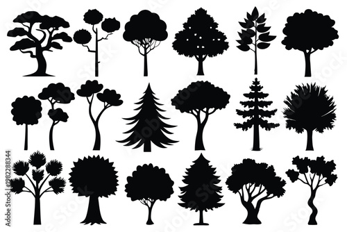 set different types of trees silhouette line art vector illustration with a white background