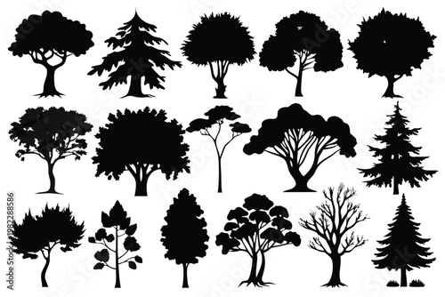 set different types of trees silhouette line art vector illustration with a white background