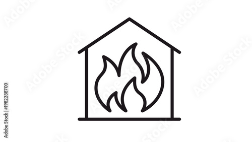 House fire vector icon featuring a black line art illustration of a home with flames inside. Minimalist symbol for fire insurance, emergency services, arson, disaster, or home heating systems.