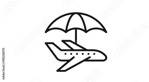 Travel insurance vector icon illustration featuring a black line art airplane protected by an umbrella, symbolizing flight safety, trip protection, and secure air travel services.