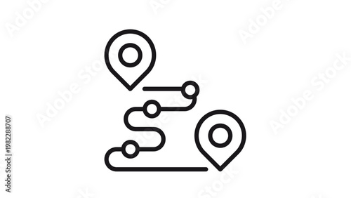 Black line vector icon of a route path with map pin markers and intermediate waypoints, representing travel, navigation, logistics, and journey planning, isolated on a white background.