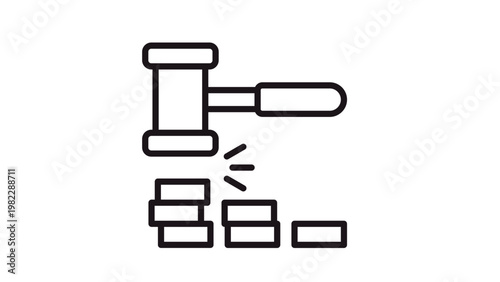 Black line vector icon illustration of a judge's gavel and stacks of coins, symbolizing legal fees, court fines, auction bidding, financial law, justice system costs, and monetary penalties.