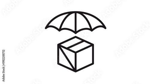 Package protection vector icon illustration. Black line art symbol of a cardboard box under an umbrella representing safe delivery, insurance, and shipping security for e-commerce business.